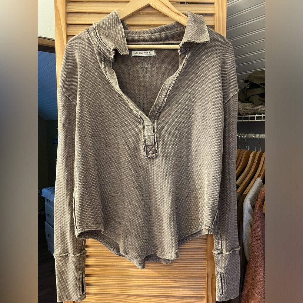 We The Free Taupe V-Neck Waffle Knit Pullover